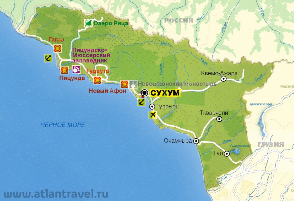 Фото: отдых в Абхазии на море, Карта Абхазии с курортами на русском языке