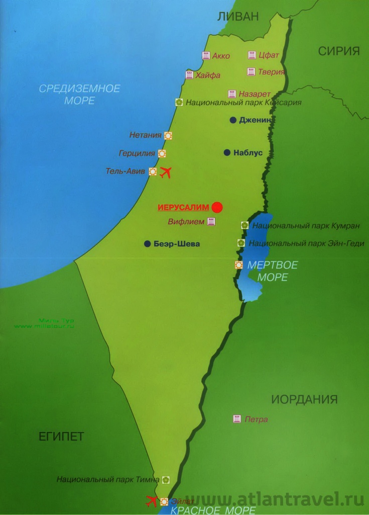 Карта городов и курортов Израиля
