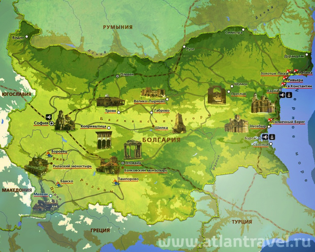 Города и курорты Болгарии на карте